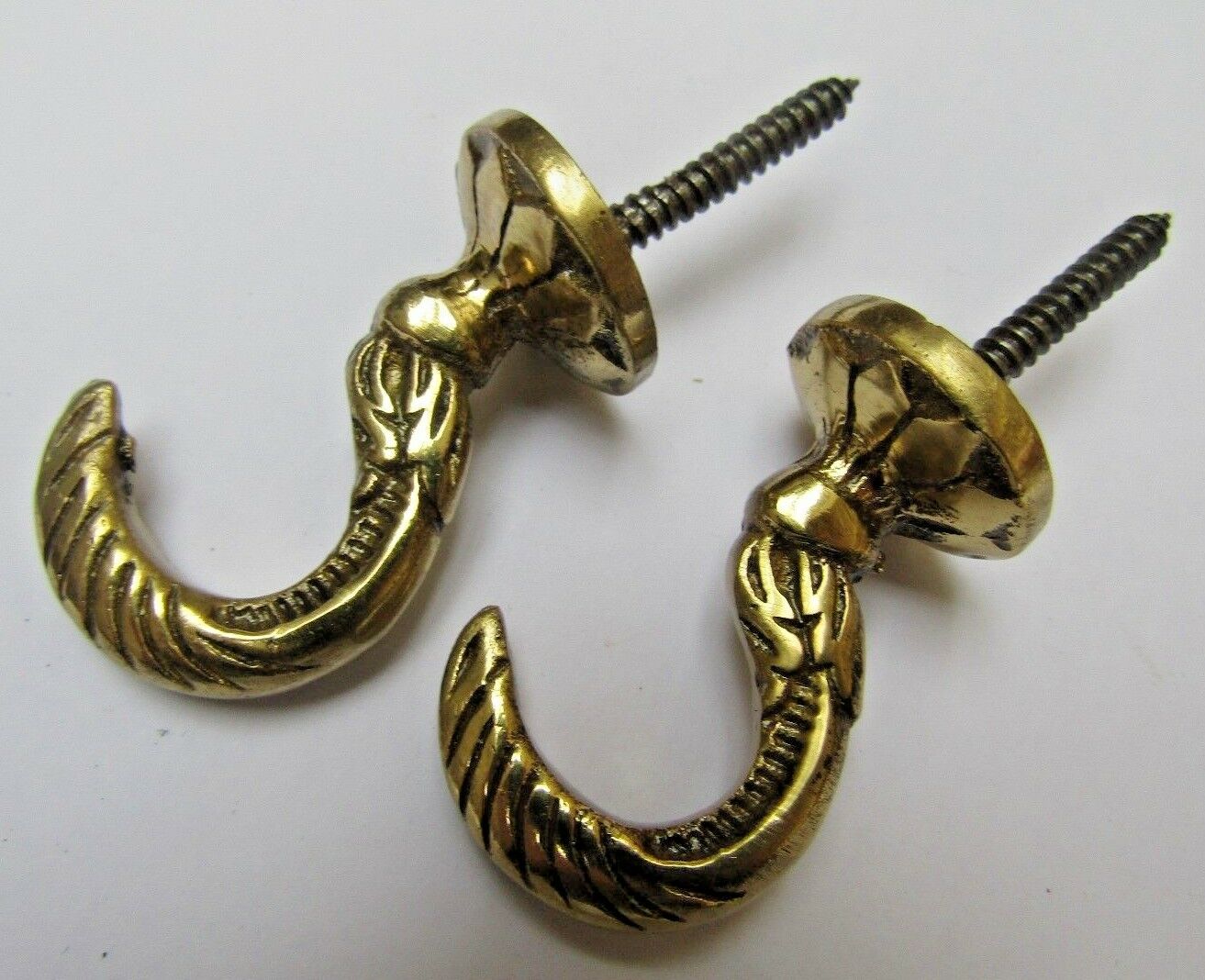 Solid brass pair of curtain tie back hooks hold backs screw in metal