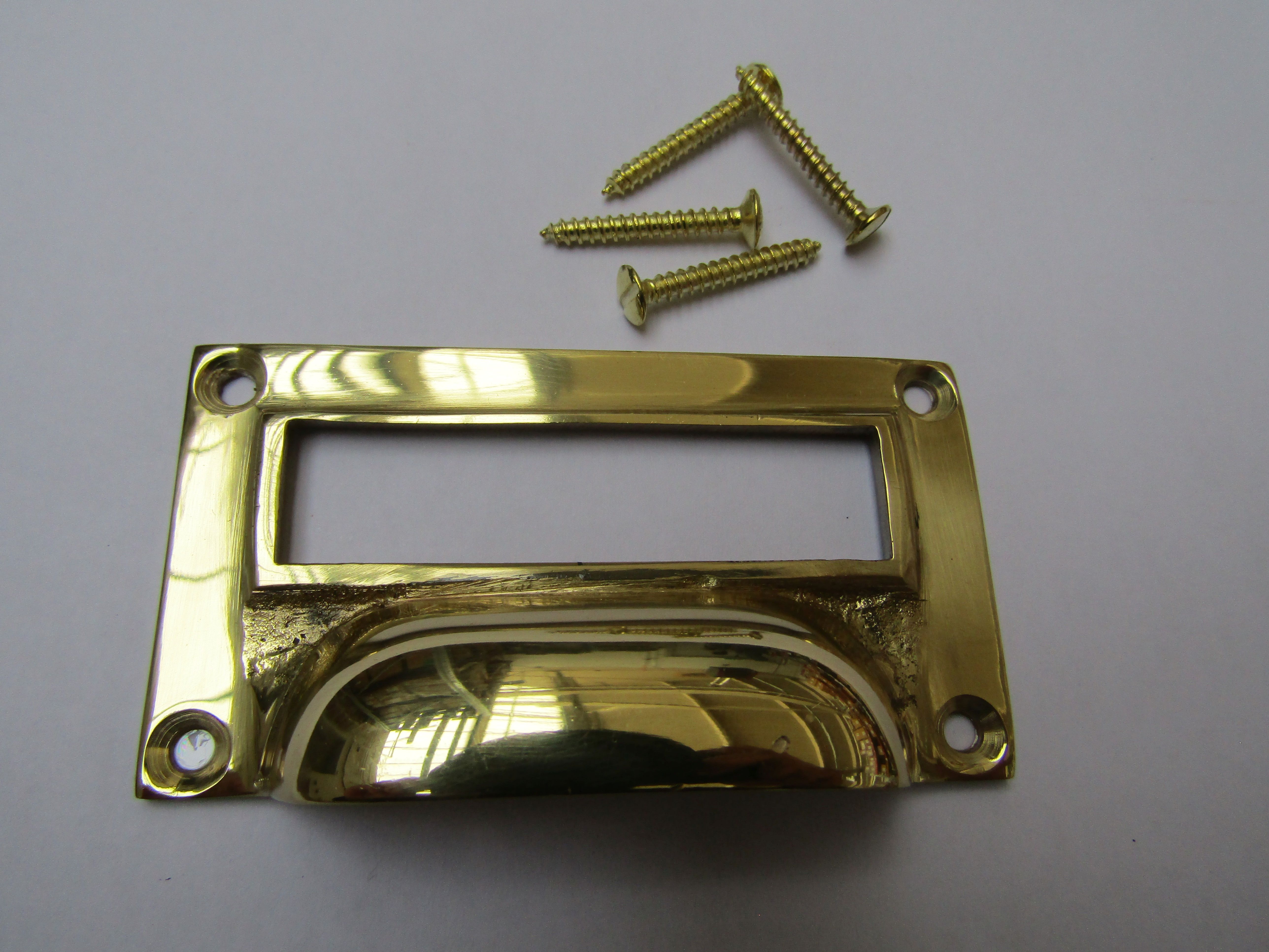 SOLID BRASS VICTORIAN cupboard filing cabinet card label holder cup pull handle